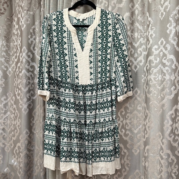 White and Green Geometric Print Boho Tunic Dress Size Medium - Picture 1 of 5